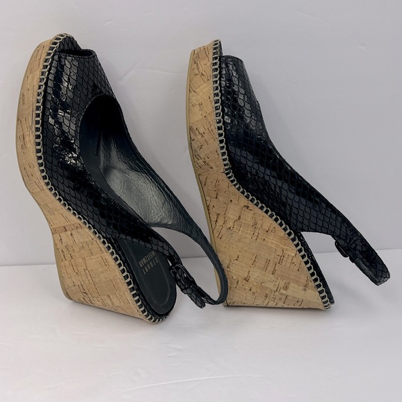 STUART WEITZMAN PATENT SNAKE PRINTED OPEN TOE WEDGE, BLACK, SIZE 8.5M, WOMEN’S - Picture 8 of 16